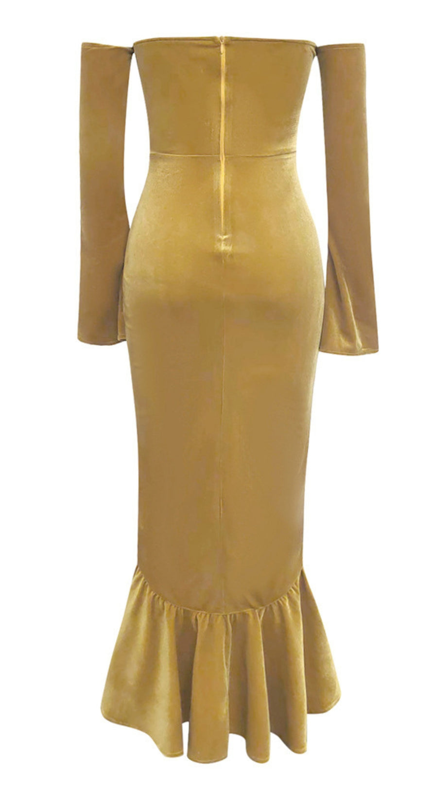 STRAPLESS RUFFLE - DETAIL VELVET MERMAID DRESS IN GOLD