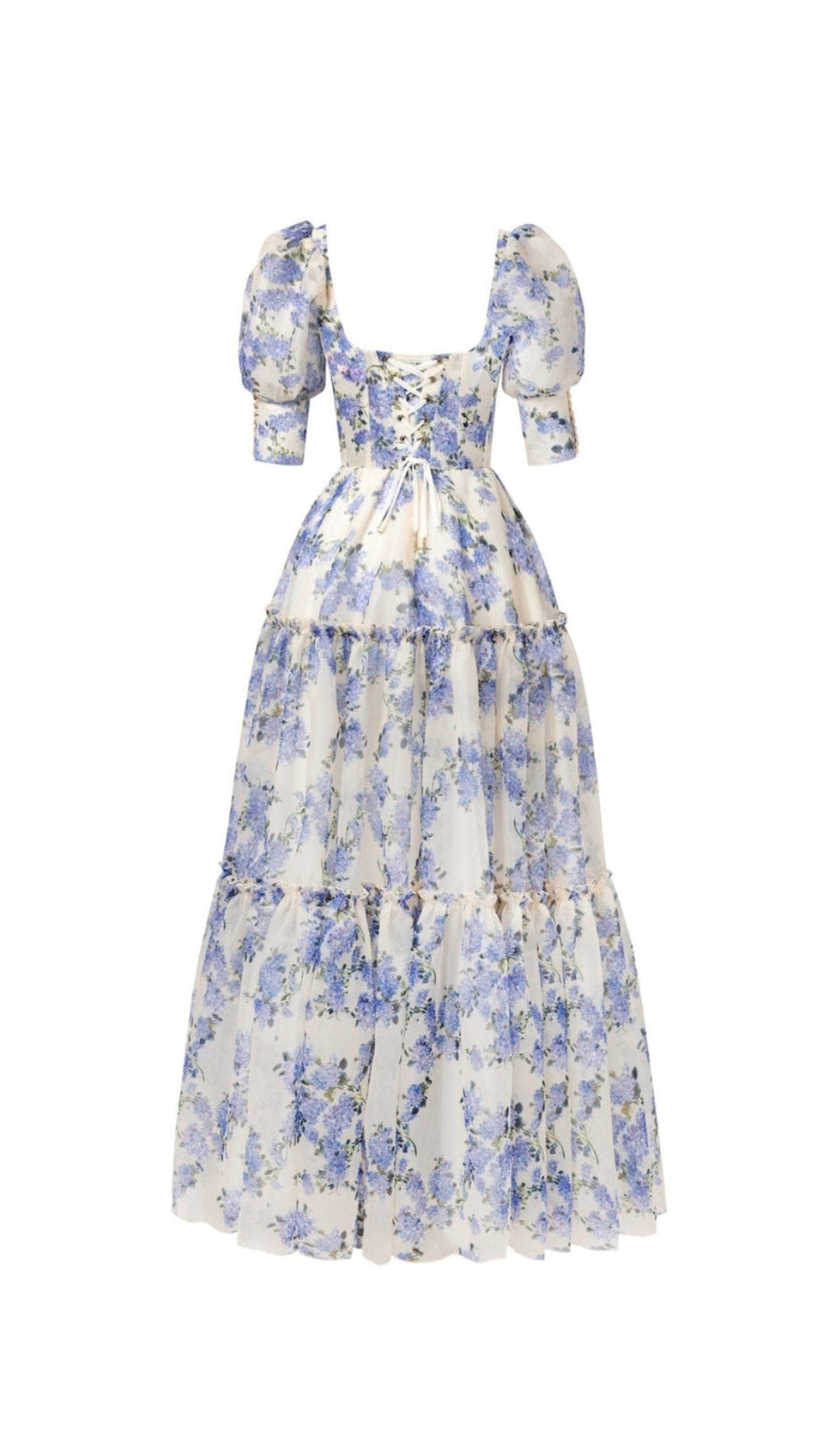 HYDRANGEA PRINT VOLUMINOUS SLEEVES MAXI DRESS IN BLUE