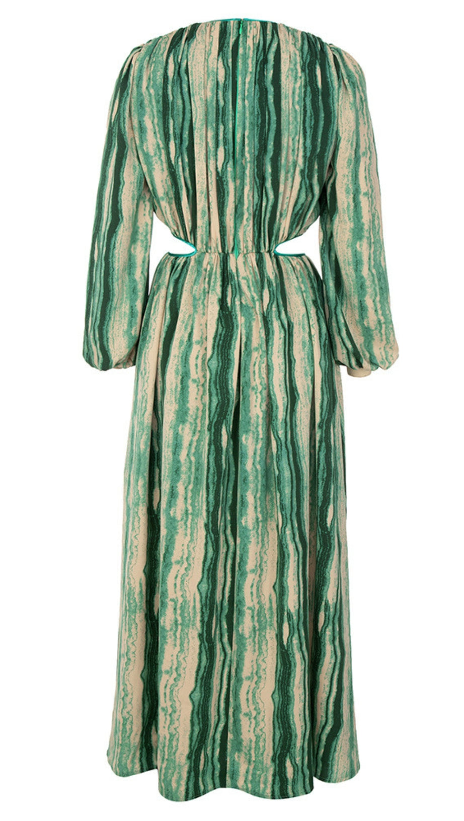 STRIPED CUTOUT V - NECK PUFF - SLEEVE MAXI DRESS IN GREEN