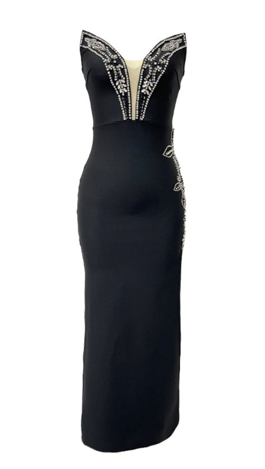 OFF SHOULDER RHINESTONE EMBELLISHED PLUNGE MAXI DRESS IN BLACK