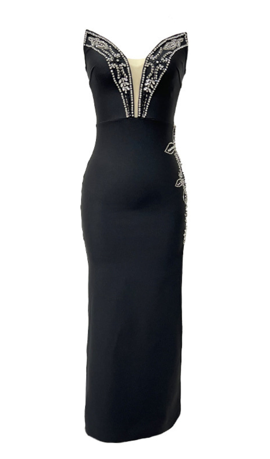 OFF SHOULDER RHINESTONE EMBELLISHED PLUNGE MAXI DRESS IN BLACK