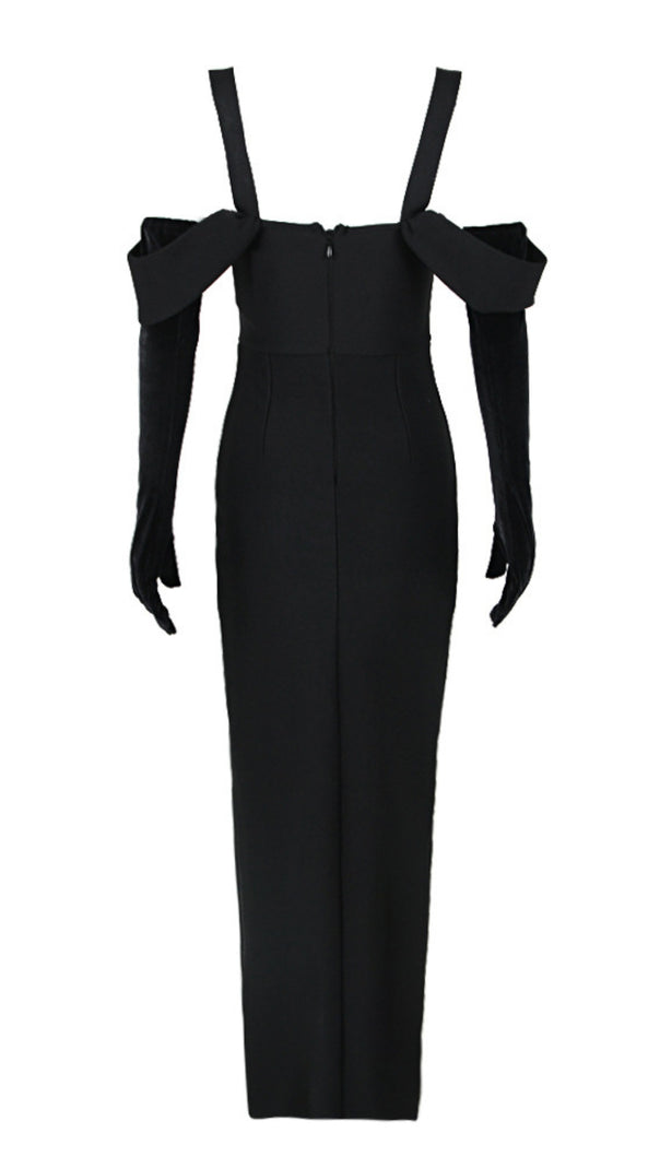 AIIZIE FLOWER - EMBELLISHED OFF - SHOULDER SLIT MAXI DRESS WITH GLOVES IN BLACK - product image
