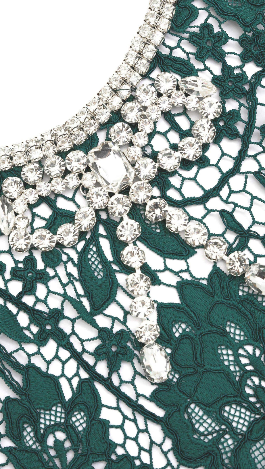 GREEN LACE DIAMANTE BOW MIDI DRESS