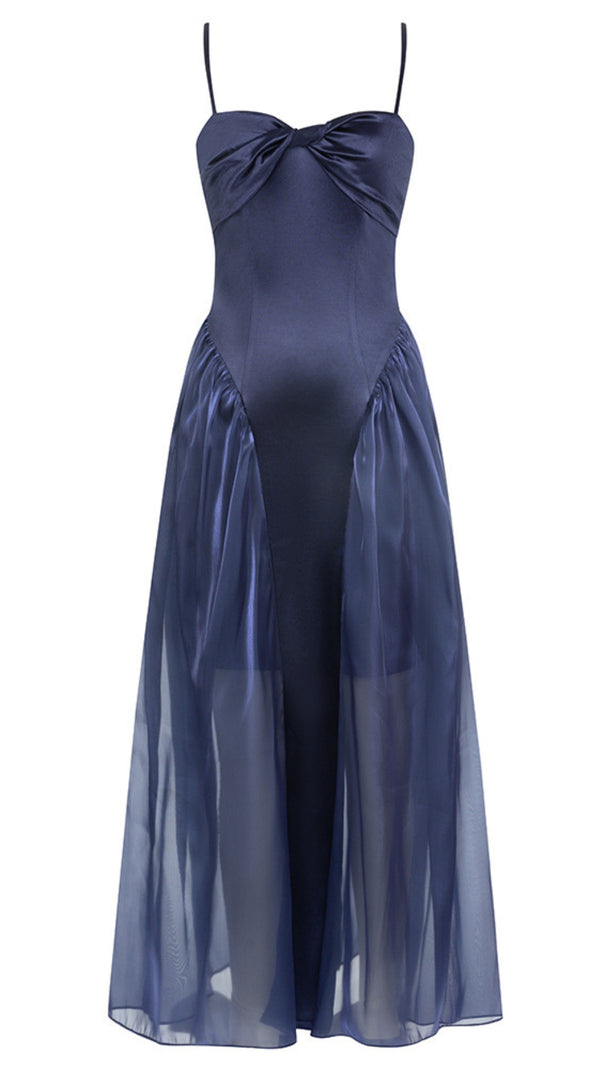 AIIZIE SATIN BOW - FRONT SHEER - SKIRT MIDI DRESS IN NAVY BLUE - product image