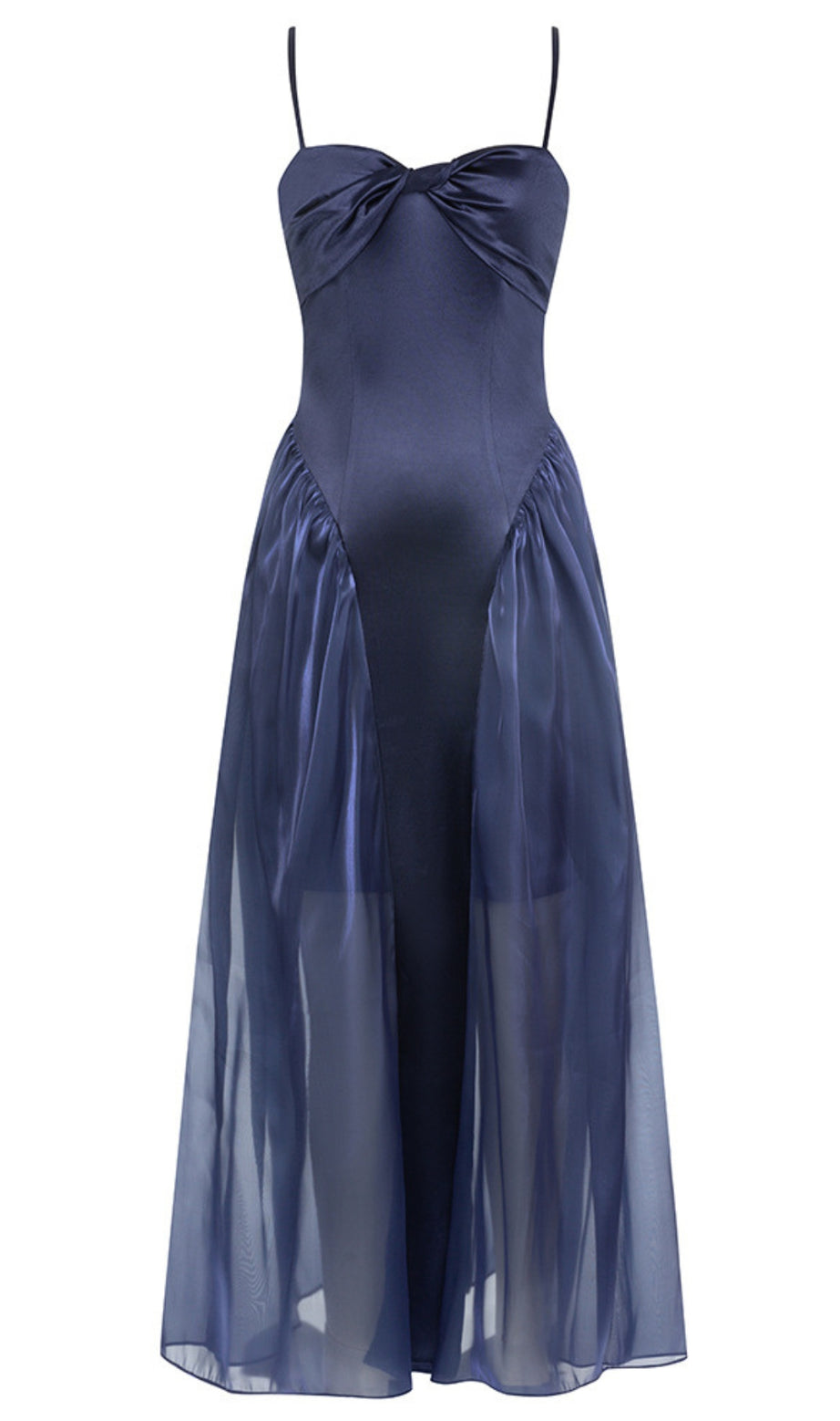 Satin Bow - Front Sheer - Skirt Midi Dress in Navy Blue