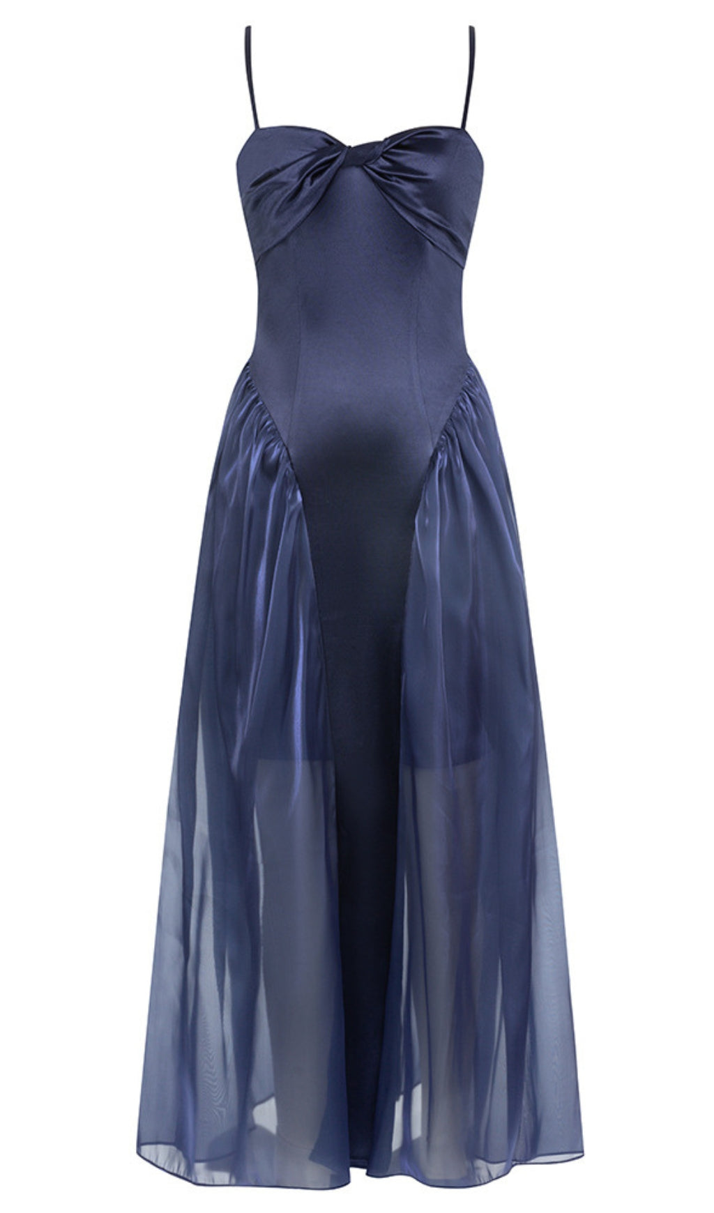 SATIN BOW - FRONT SHEER - SKIRT MIDI DRESS IN NAVY BLUE