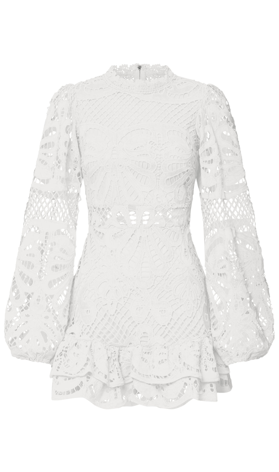 Long Puff Sleeve Lace Mini Dress In White
