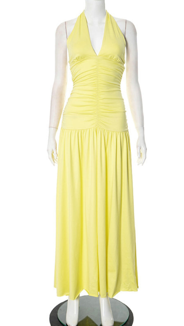 AIIZIE HALTER NECK RUCHED MAXI DRESS IN YELLOW - product image