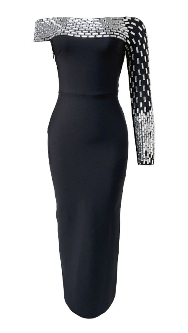 AIIZIE OFF SHOULDER SILVER EMBELLISHED ONE SLEEVE IN BLACK - product image