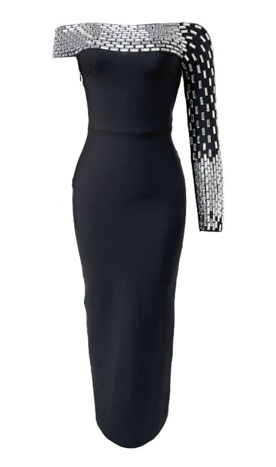 Off Shoulder Silver Embellished One Sleeve in Black