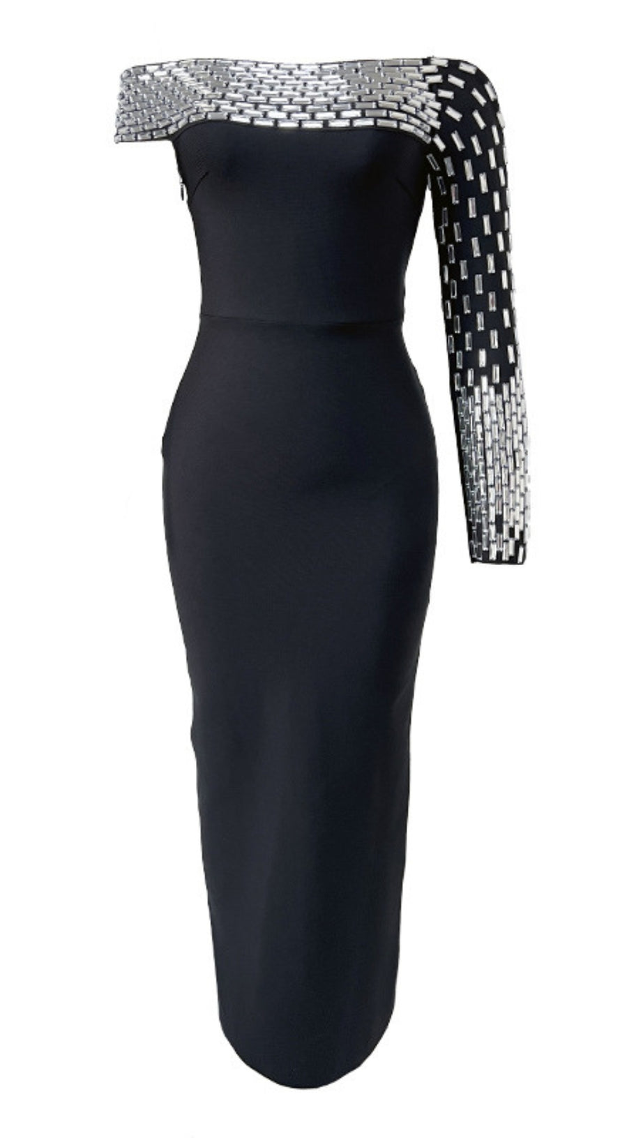 OFF SHOULDER SILVER EMBELLISHED ONE SLEEVE IN BLACK