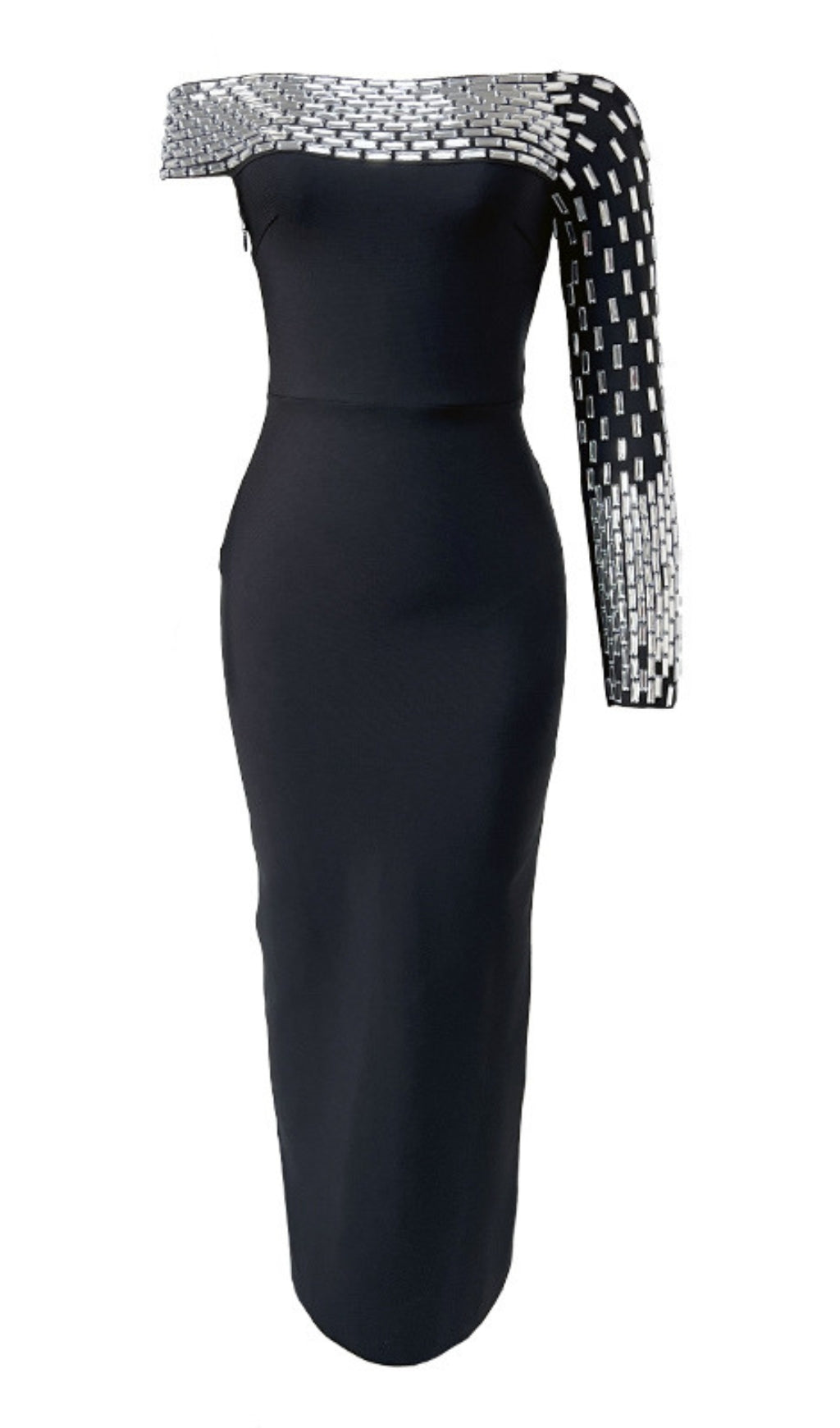 OFF SHOULDER SILVER EMBELLISHED ONE SLEEVE IN BLACK