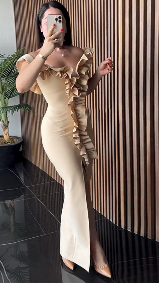 AIIZIE ONE - SHOULDER RUFFLE - TRIMMED SLIT MIDI DRESS IN NUDE PINK - product image