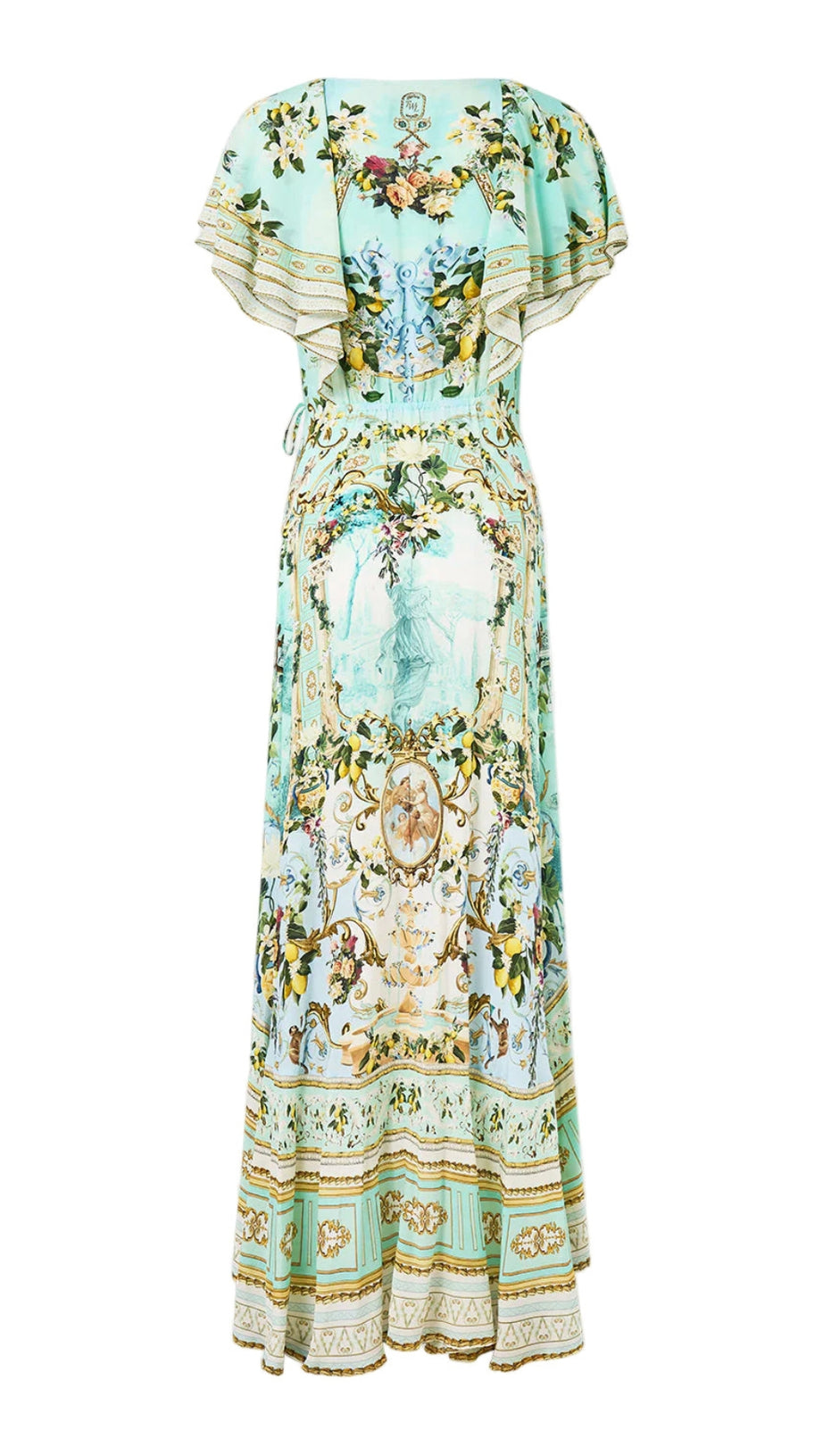 ABITO LUNGO IN SETA CON SCOLLO A V, ORLO IRREGOLARE, STAMPATO MULTICOLORE VERDE