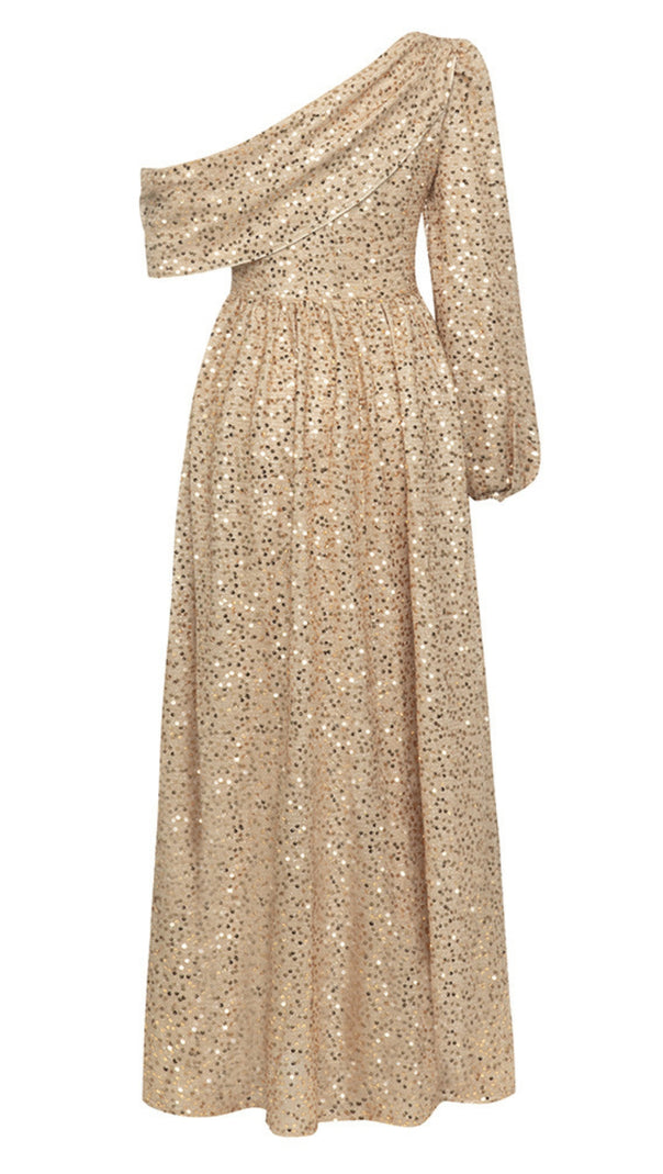 AIIZIE SEQUIN ONE - SHOULDER PUFF - SLEEVE MAXI DRESS IN GOLD - product image