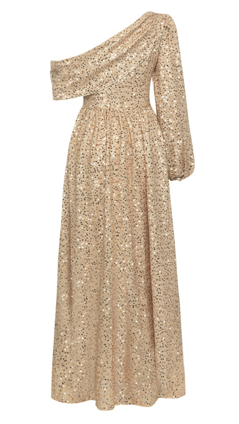 SEQUIN ONE - SHOULDER PUFF - SLEEVE MAXI DRESS IN GOLD