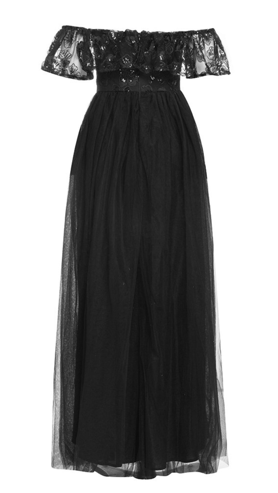 OFF - SHOULDER LACE - TOP TULLE MAXI DRESS IN BLACK