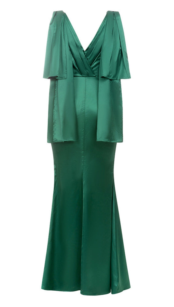 AIIZIE SATIN V - NECK CAPE - SLEEVE MERMAID MAXI DRESS IN GREEN - product image