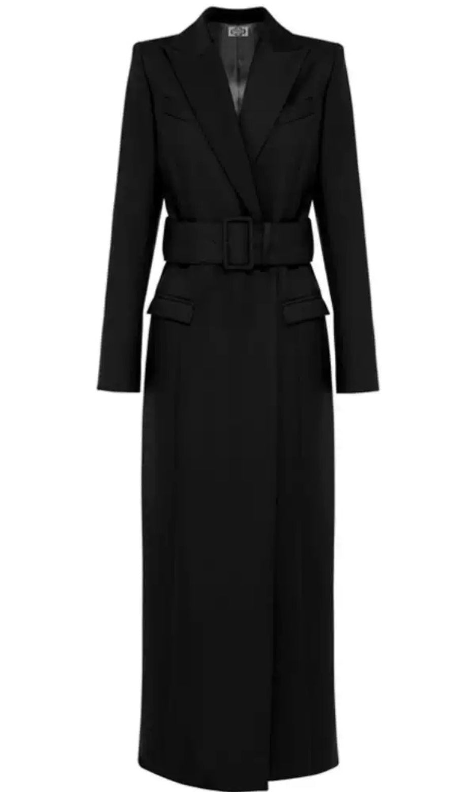 Elegante cappotto lungo nero con cintura 