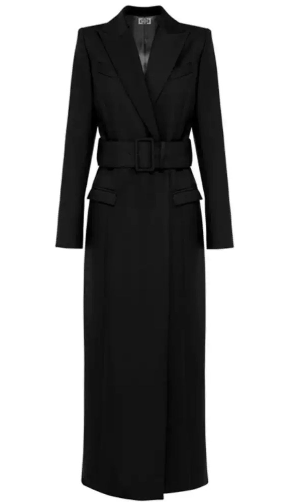 ELEGANT BLACK BELTED MAXI COAT