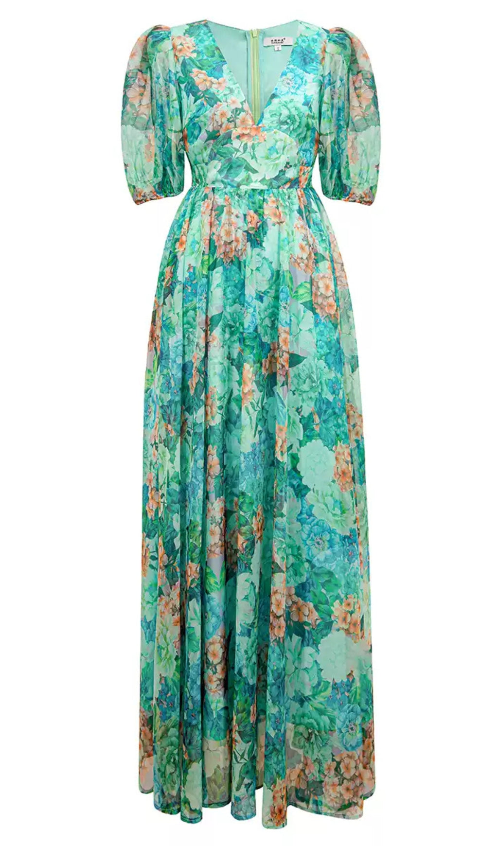 TEAL FLORAL MAXI DRESS WITH PUFF SLEEVES AND V - NECK