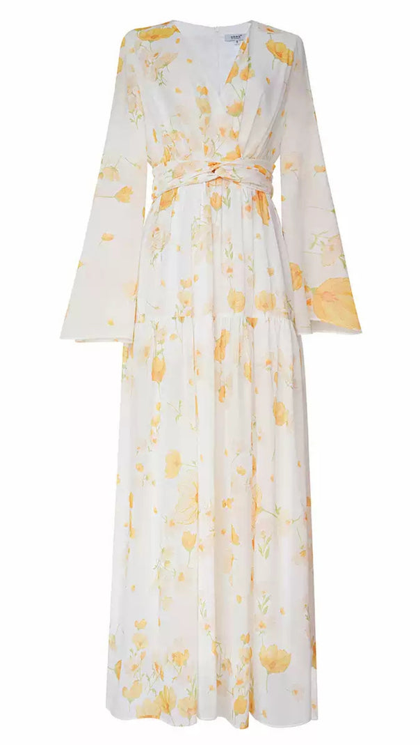 AIIZIE YELLOW FLORAL PRINT WRAP V - NECK MAXI DRESS WITH BELL SLEEVES - product image