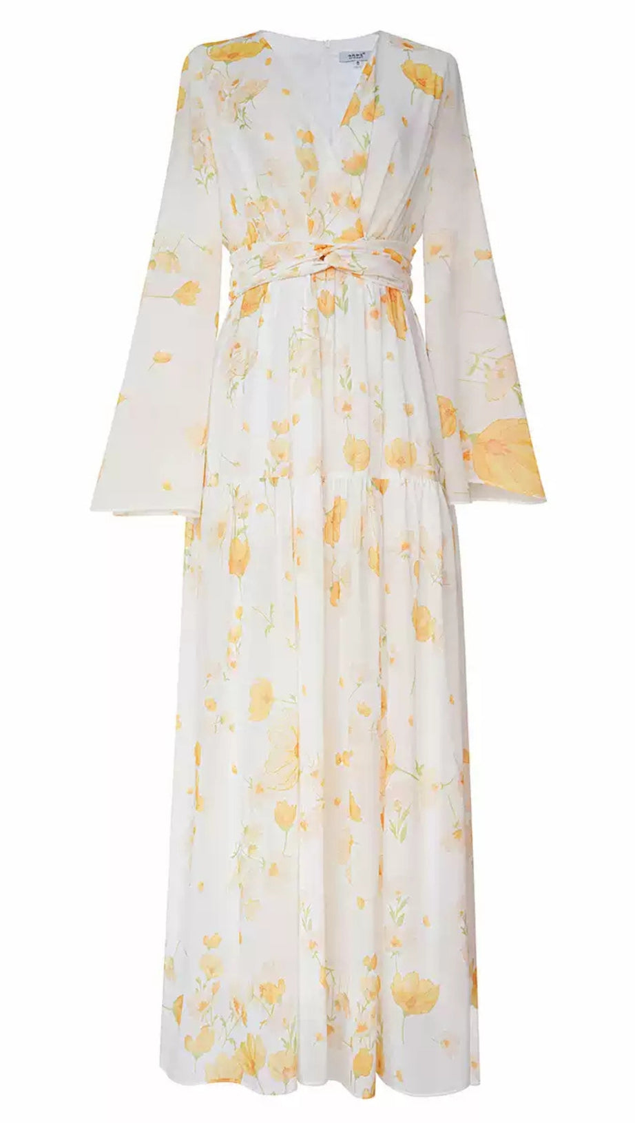 YELLOW FLORAL PRINT WRAP V - NECK MAXI DRESS WITH BELL SLEEVES