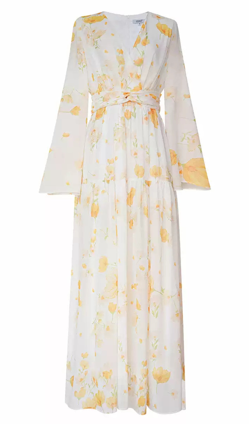 YELLOW FLORAL PRINT WRAP V - NECK MAXI DRESS WITH BELL SLEEVES