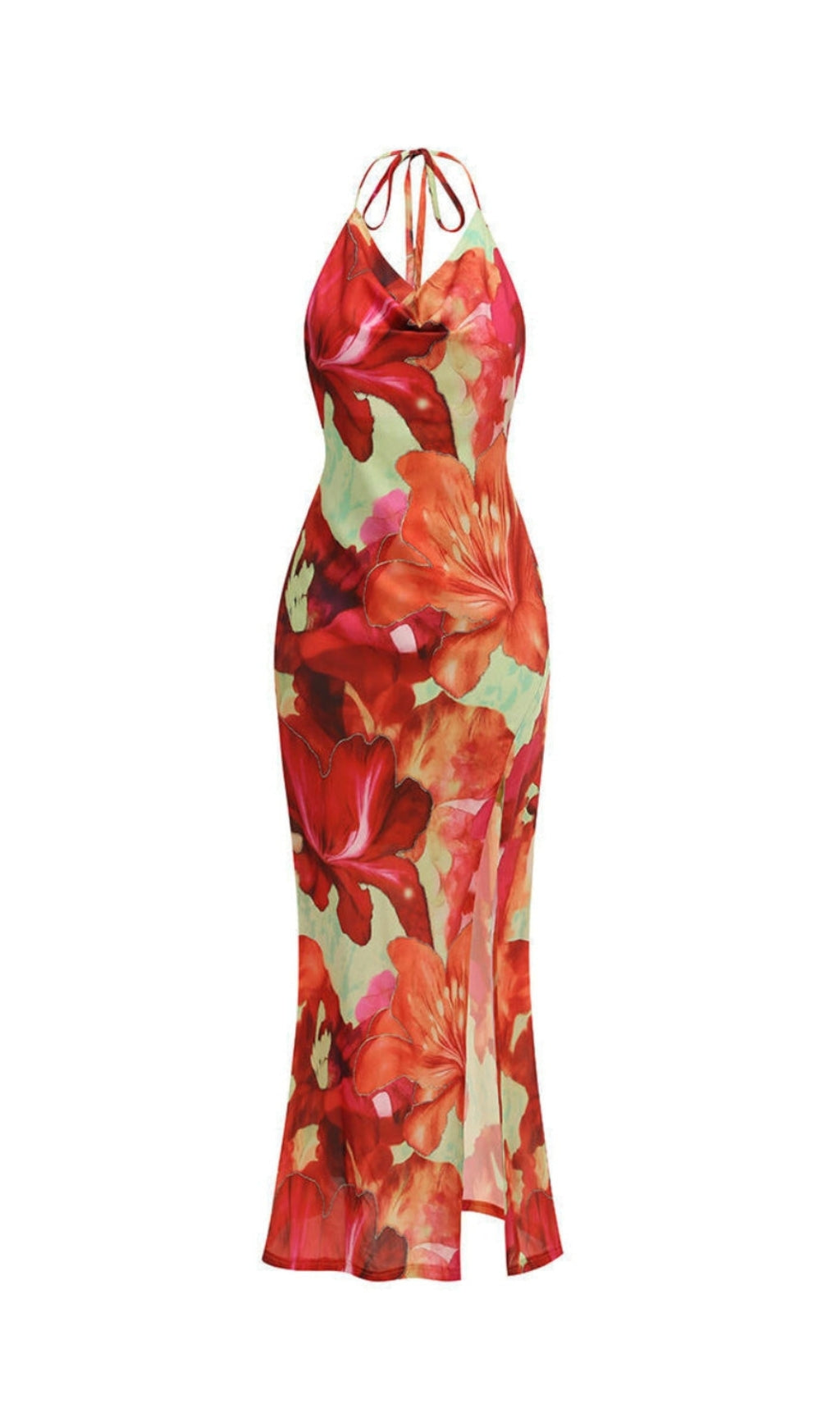 ABITO LUNGO CON SPACCO ALTO E FIORITURA TROPICALE A CADUTA