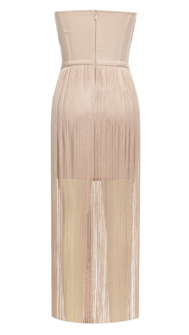 AIIZIE STRAPLESS FRINGE MIDI DRESS IN NUDE - product image