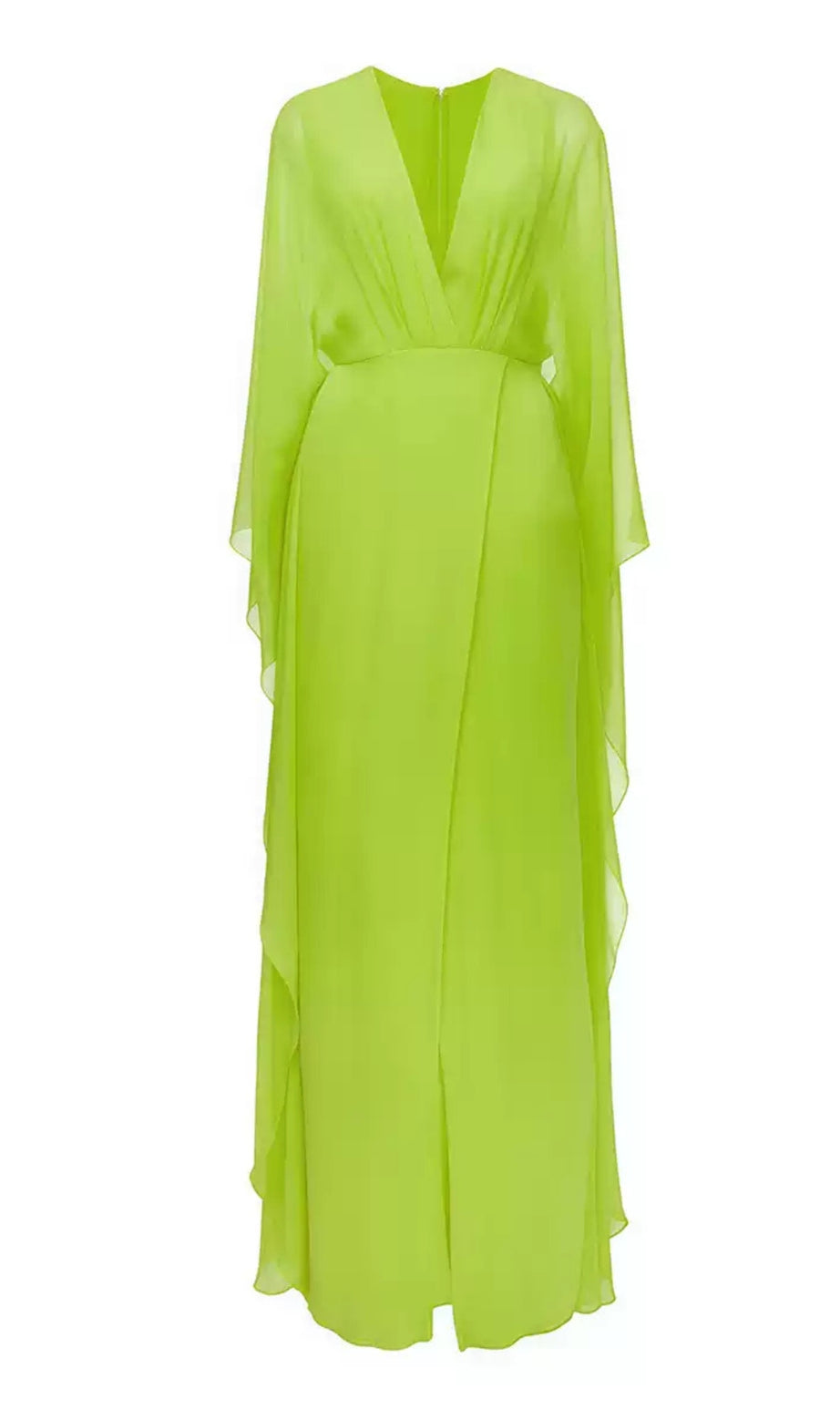 Abito lungo in chiffon verde neon con maniche a mantella e scollatura profonda 