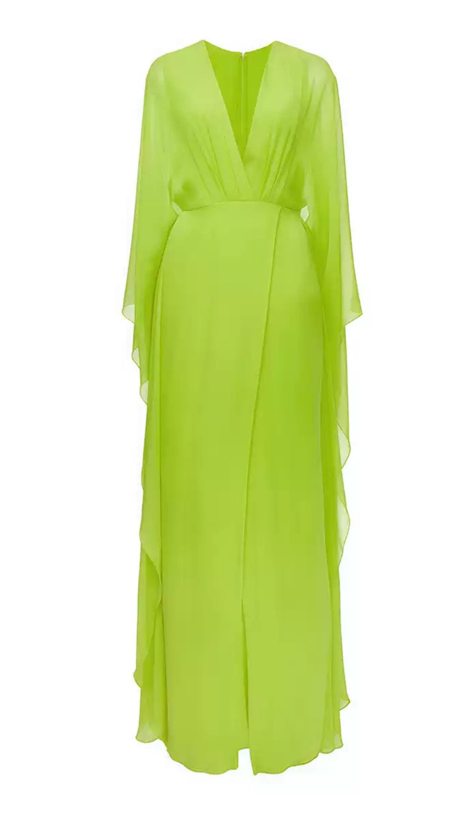 NEON GREEN CHIFFON MAXI DRESS WITH CAPE SLEEVES AND PLUNGE NECKLINE