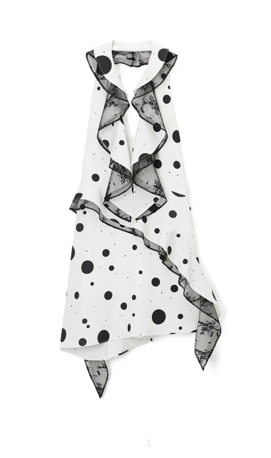 Phoenix – Rückenfreies Minikleid mit Rüschen und Punkten in Weiß