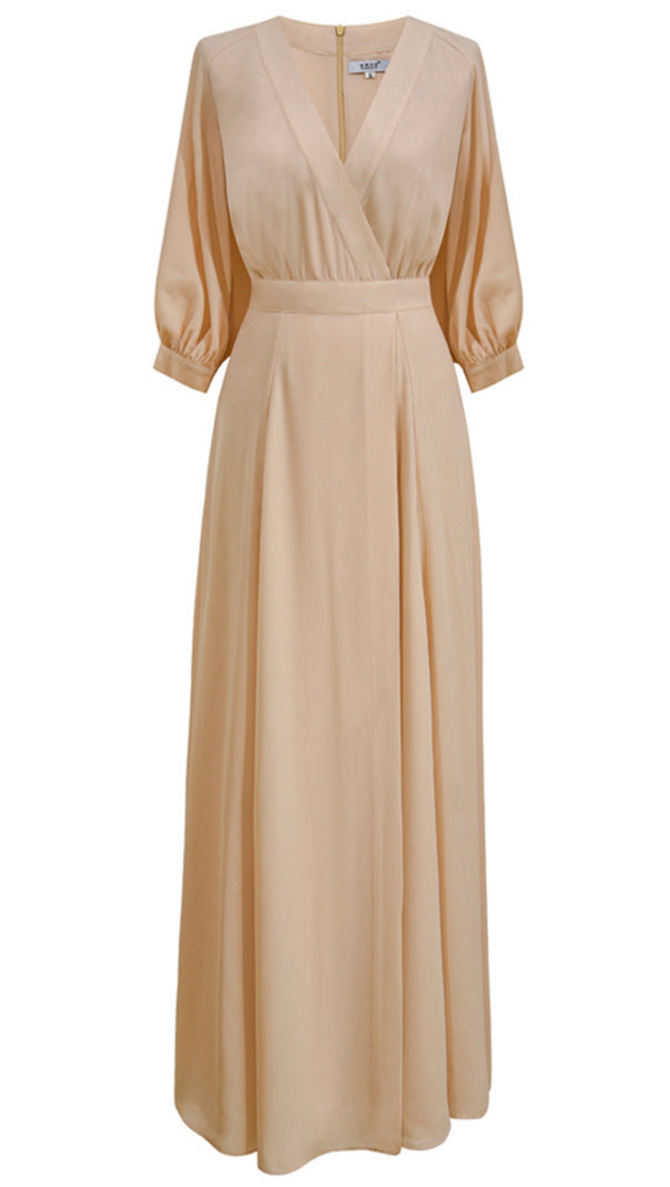 AIIZIE ELEGANT BEIGE WRAP MAXI DRESS WITH PUFF SLEEVES - product image