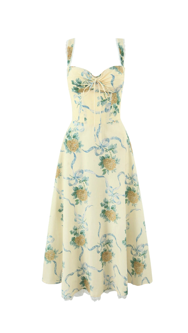 AIIZIE DAPHNE FLORAL PRINT SWEETHEART MIDI DRESS IN YELLOW - product image