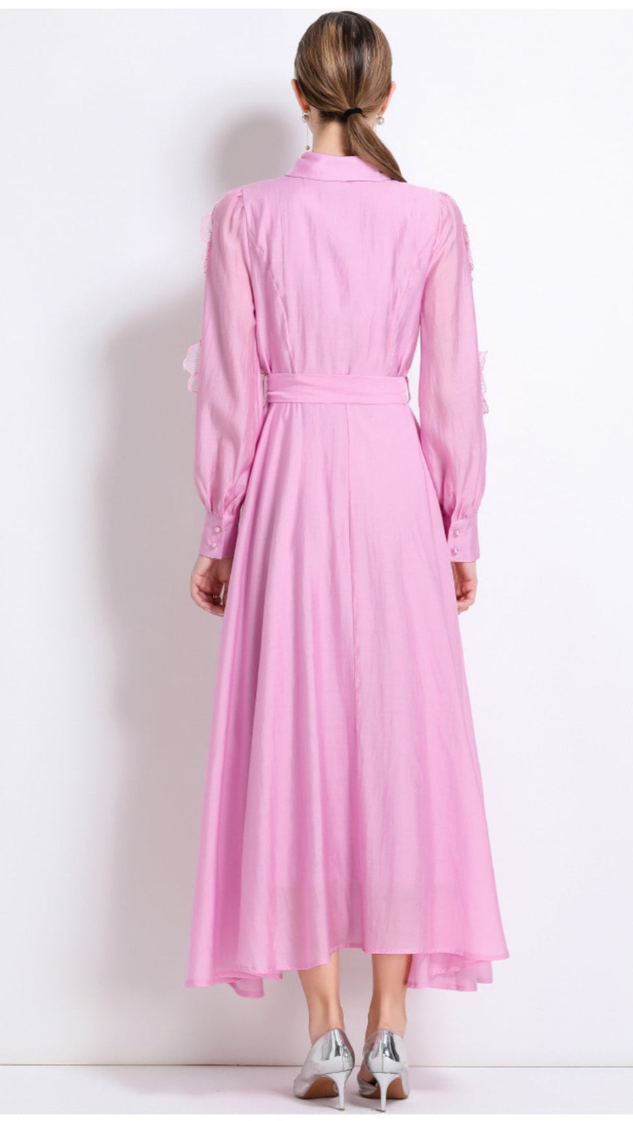 SALLY LAPEL EMBROIDERED APPLIQUÉ MIDI DRESS IN PINK