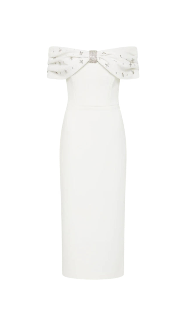 AIIZIE BEULAH OFF-SHOULDER BEADED DIAMOND MIDI DRESS IN WHITE - product image