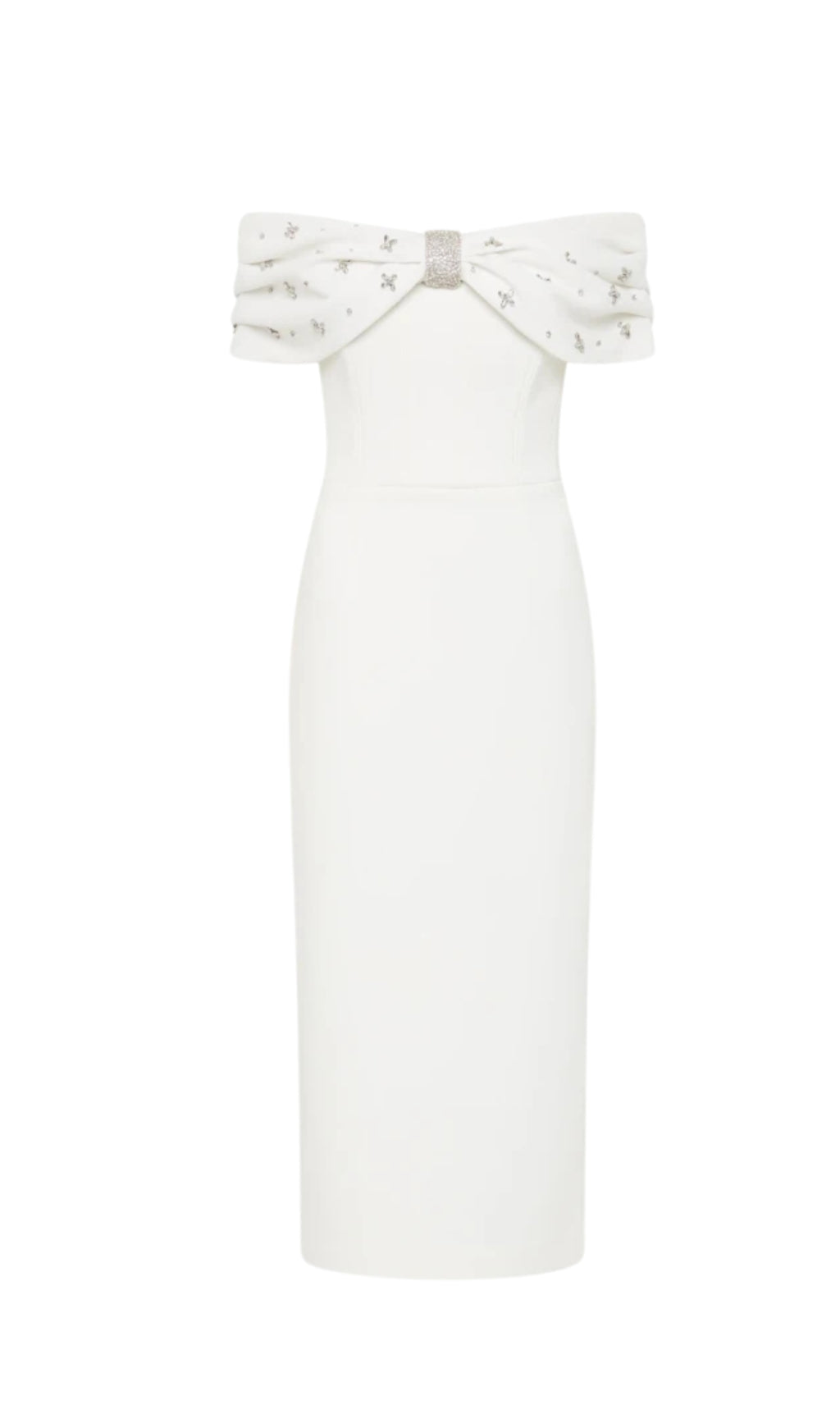 beulah – Schulterfreies Midikleid mit Perlenbesatz und Rautenmuster in Weiß 