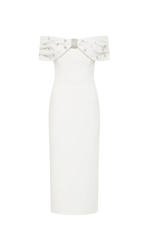 beulah Off-shoulder beaded diamond midi dress in white