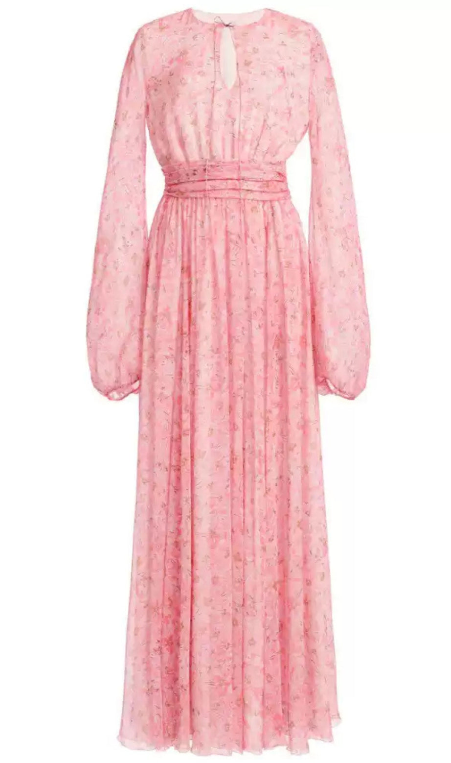 Pink Floral Chiffon Maxi Dress with Balloon Sleeves and Keyhole Neckline