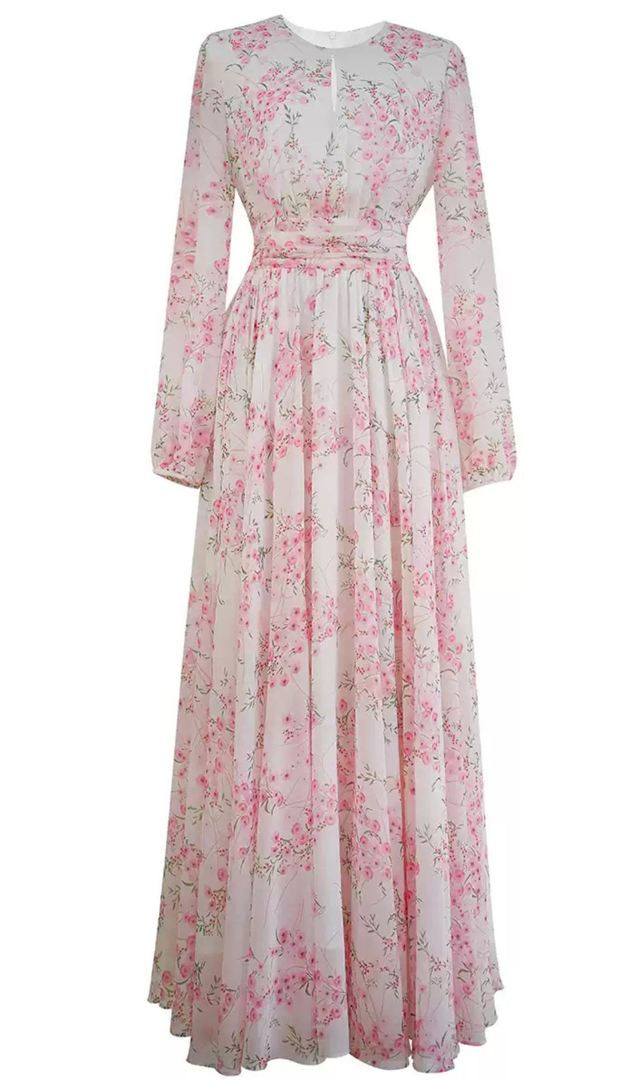 Rosa Chiffon-Maxikleid mit Blumenmuster und langen Ärmeln 
