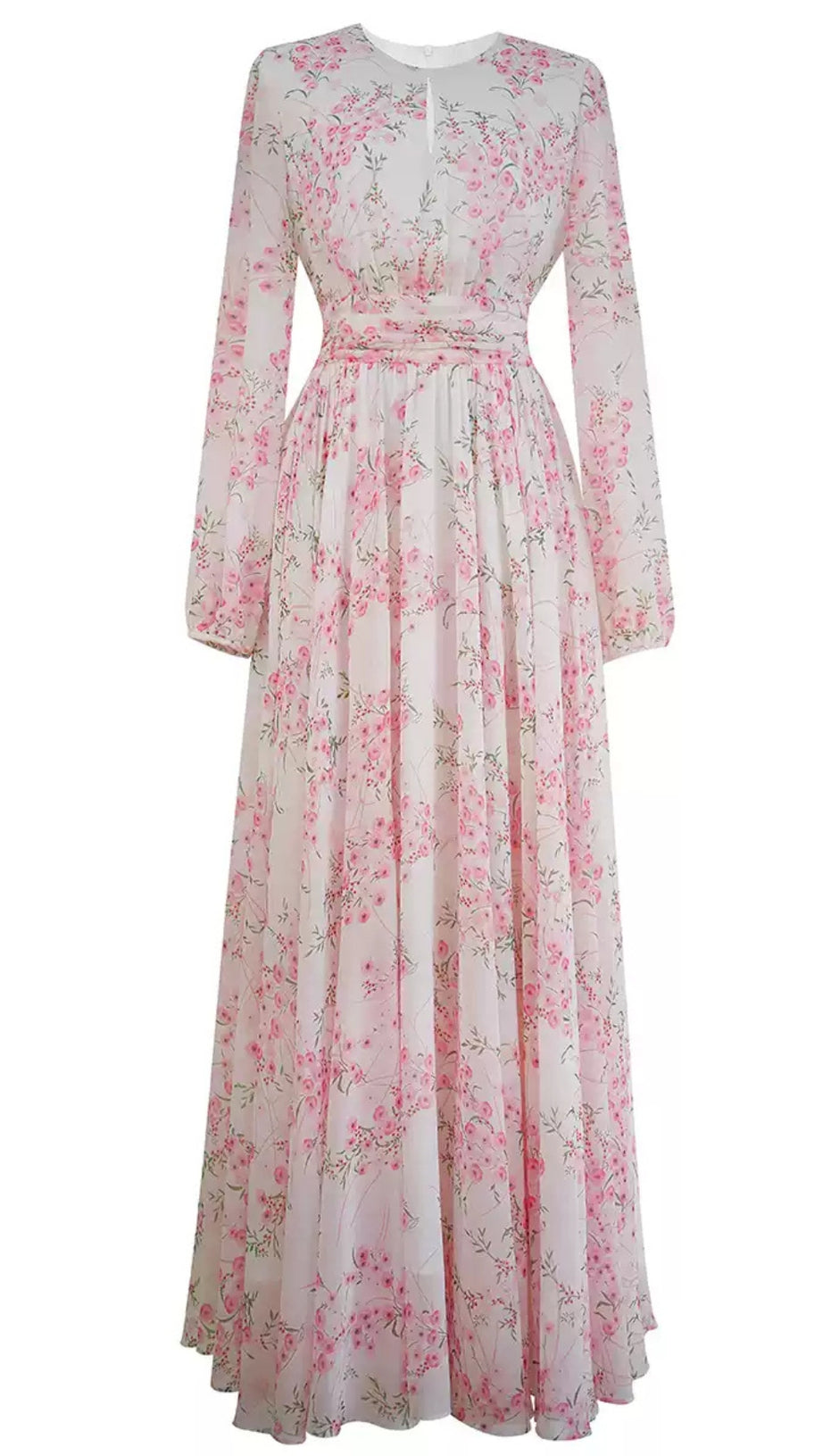 PINK FLORAL CHIFFON MAXI DRESS WITH LONG SLEEVES