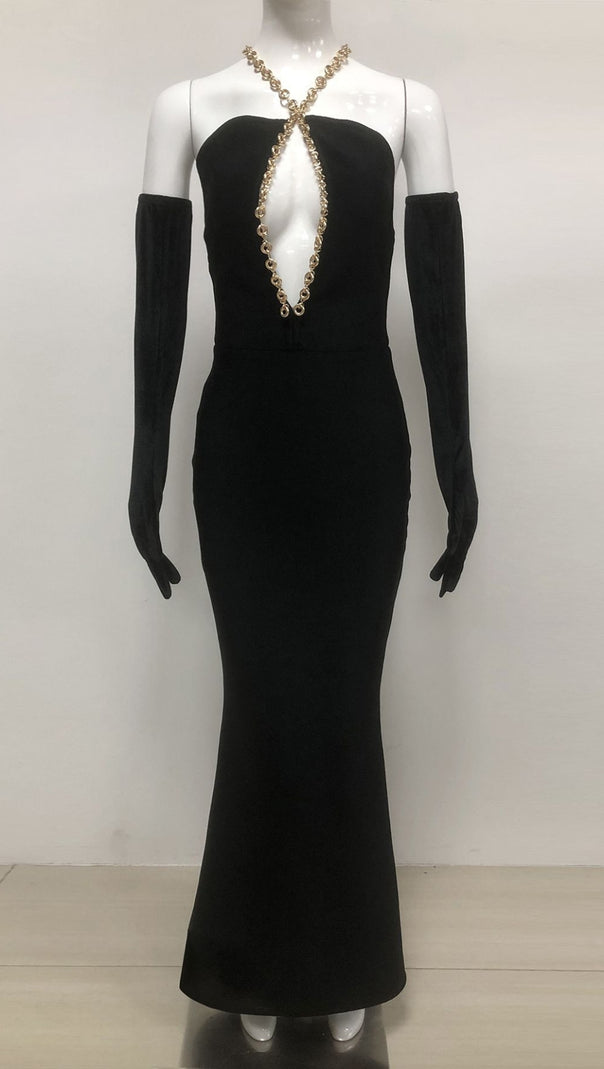 AIIZIE CHAIN - NECKLINE MERMAID GOWN WITH GLOVES IN BLACK - product image