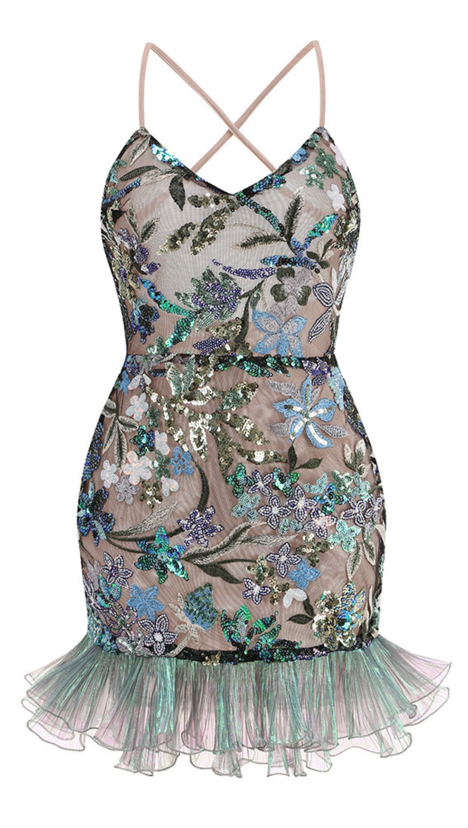 GRÜNES MINIKLEID MIT BLUMENSTICKEREI UND TRÄGERN UND MESH-EINSÄTZEN