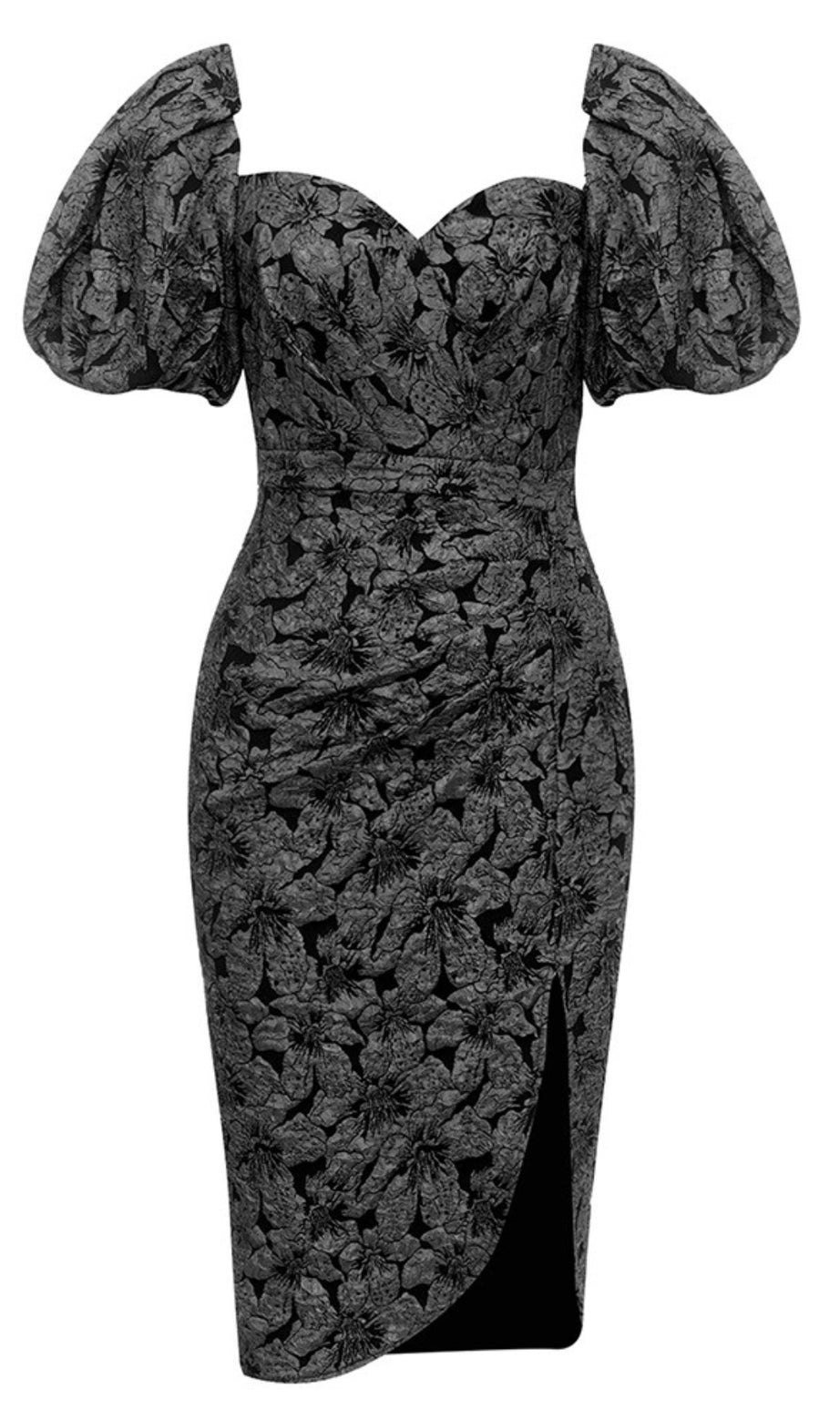 Abito midi con spacco e maniche a sbuffo in jacquard floreale nero