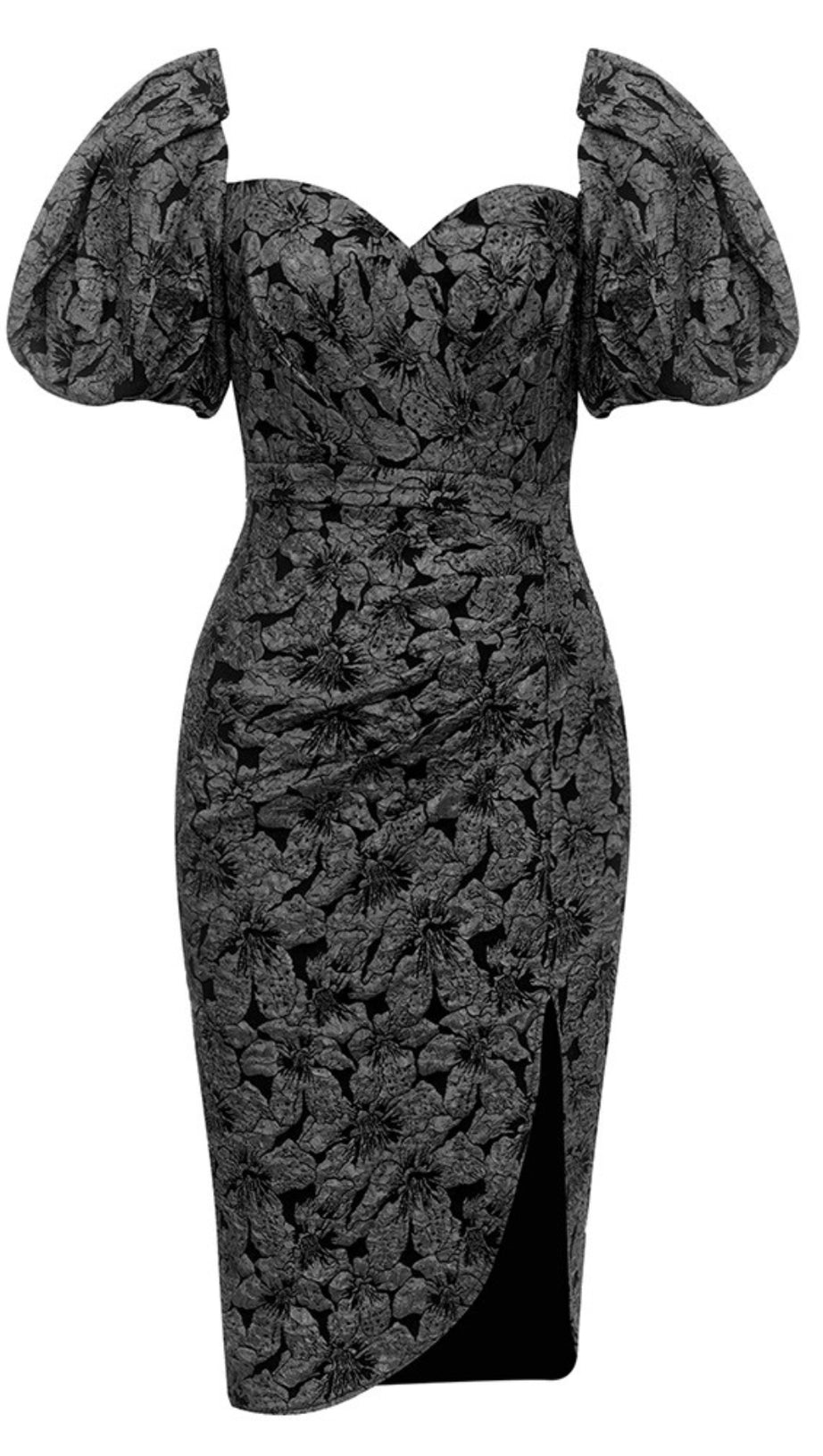 FLORAL - JACQUARD PUFF - SLEEVE SLIT MIDI DRESS IN BLACK