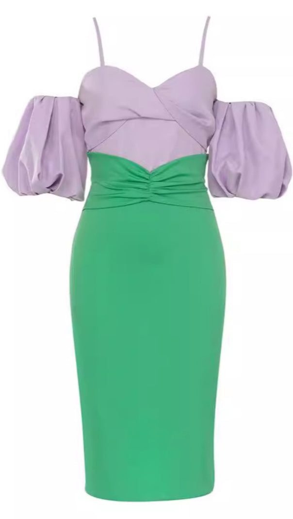 AIIZIE TWO - TONE PUFF - SLEEVE MIDI DRESS IN LAVENDER GREEN - product image