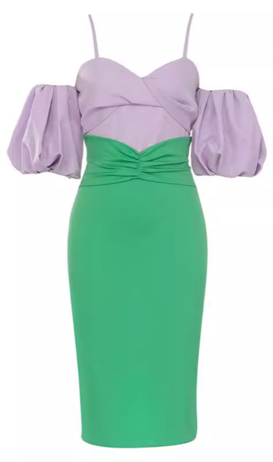 Two - Tone Puff - Sleeve Midi Dress in Lavender Green