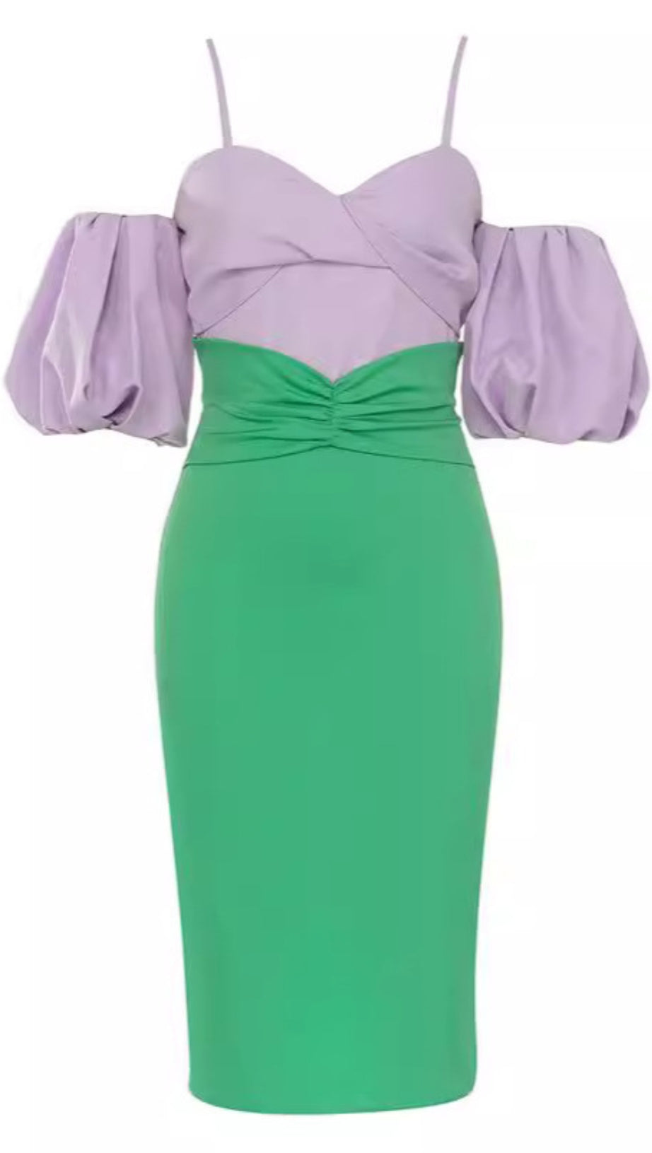 TWO - TONE PUFF - SLEEVE MIDI DRESS IN LAVENDER GREEN