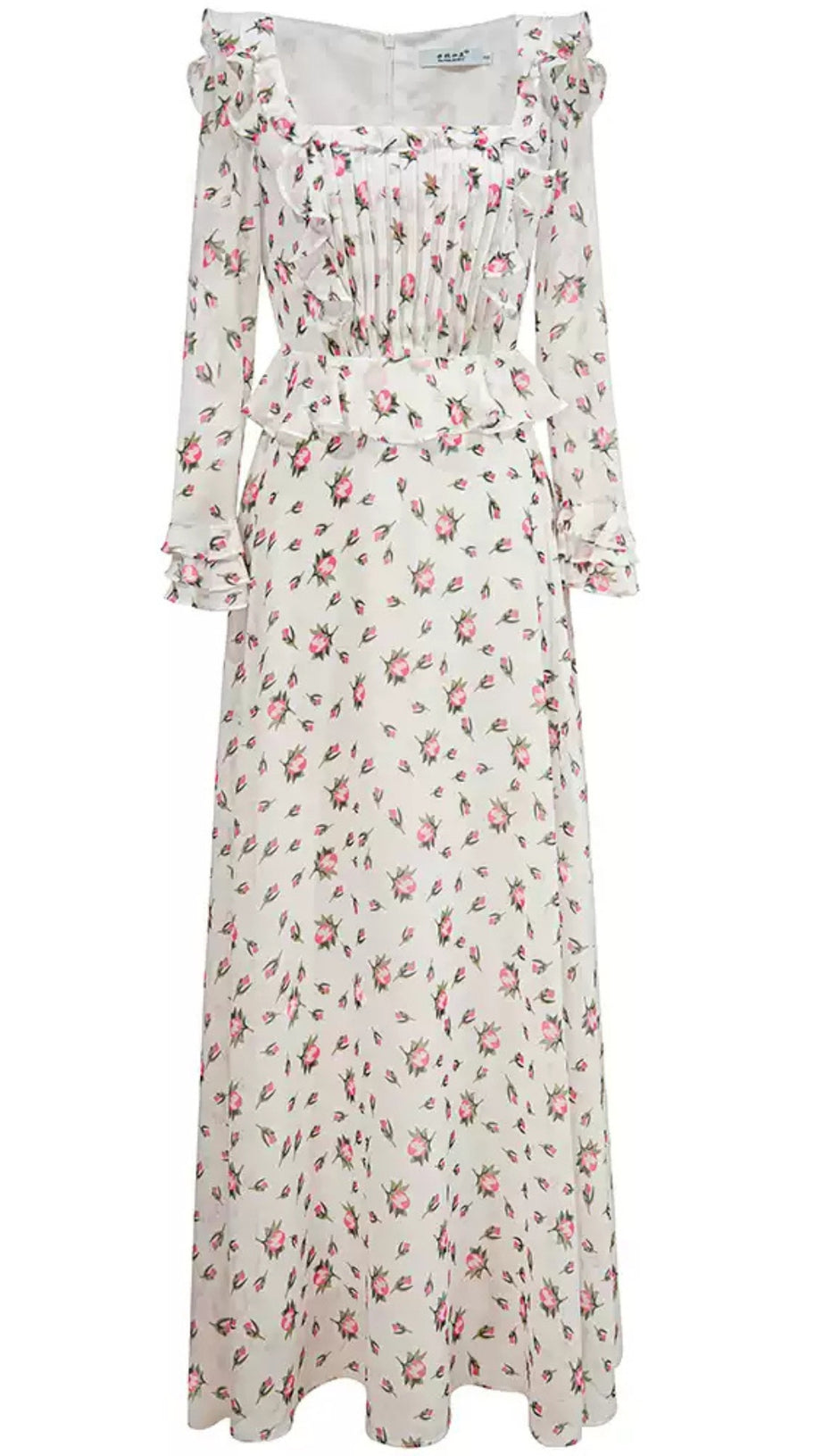 WHITE FLORAL RUFFLED MAXI DRESS WITH SQUARE NECKLINE